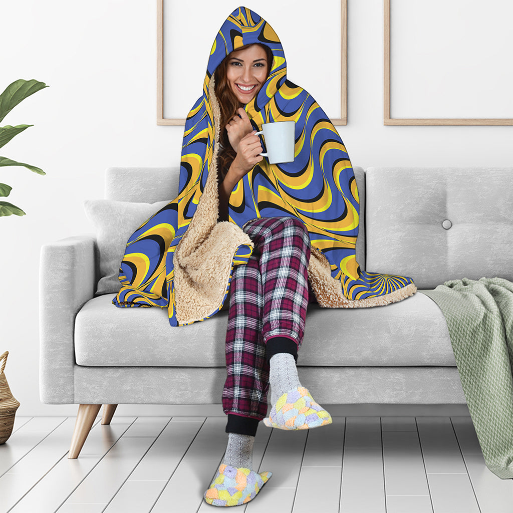 Blue And Yellow Motion Illusion Print Hooded Blanket