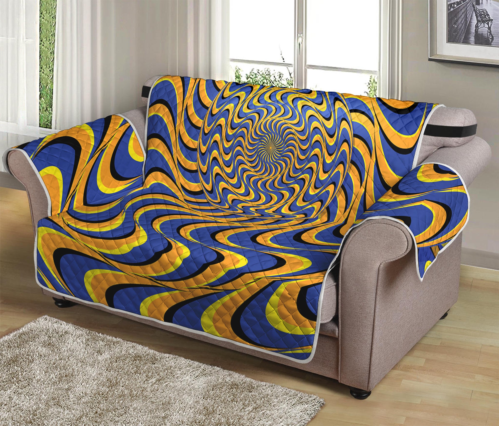 Blue And Yellow Motion Illusion Print Loveseat Protector