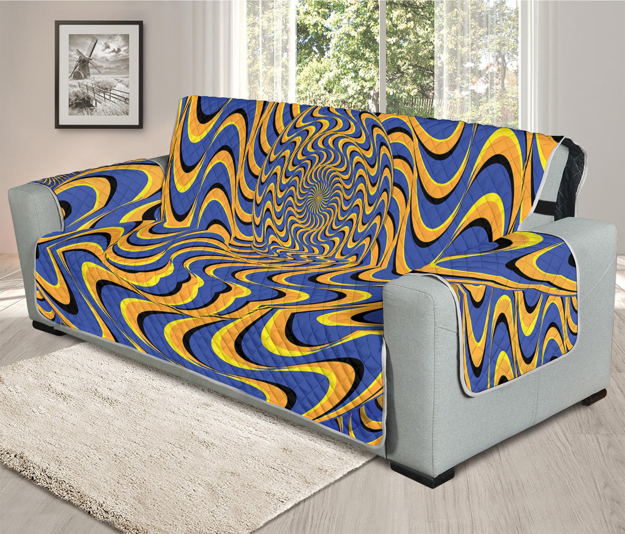 Blue And Yellow Motion Illusion Print Oversized Sofa Protector