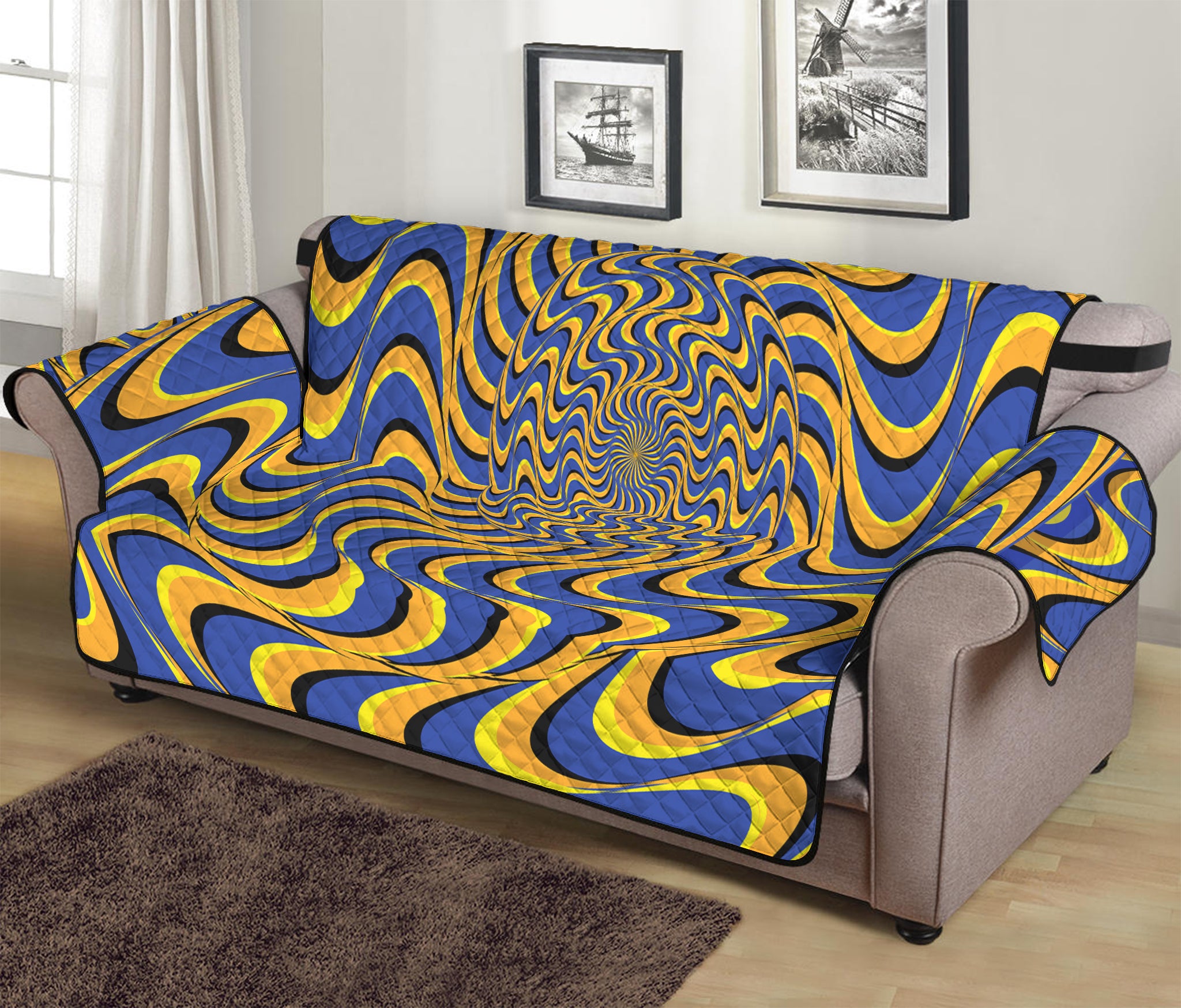 Blue And Yellow Motion Illusion Print Sofa Protector