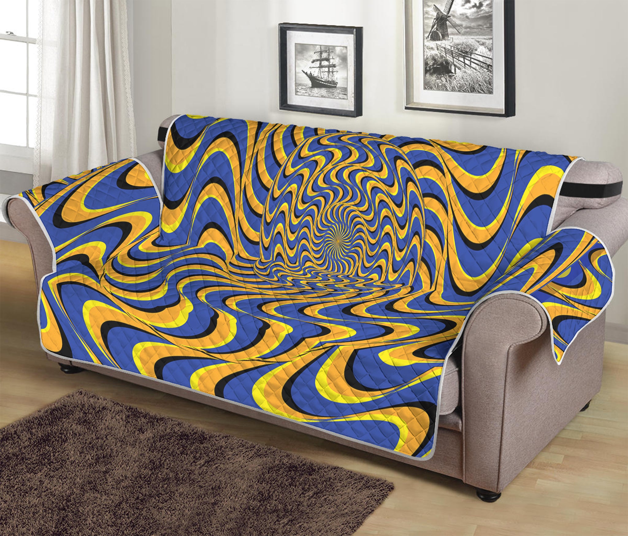 Blue And Yellow Motion Illusion Print Sofa Protector