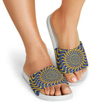Blue And Yellow Motion Illusion Print White Slide Sandals