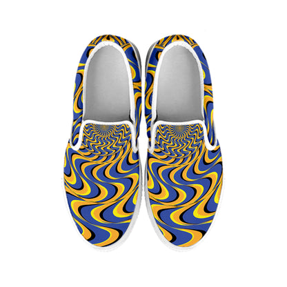 Blue And Yellow Motion Illusion Print White Slip On Shoes