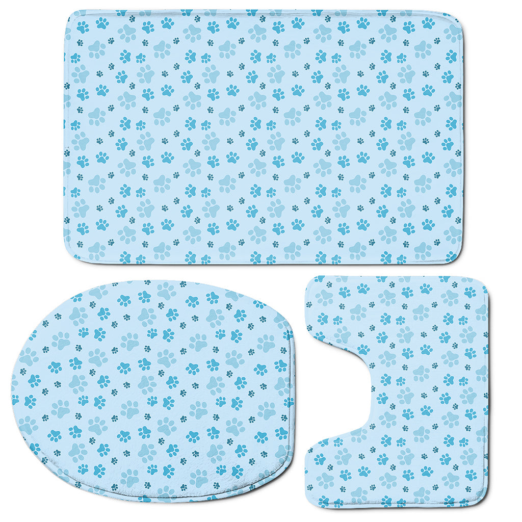 Blue Animal Paw Pattern Print 3 Piece Bath Mat Set