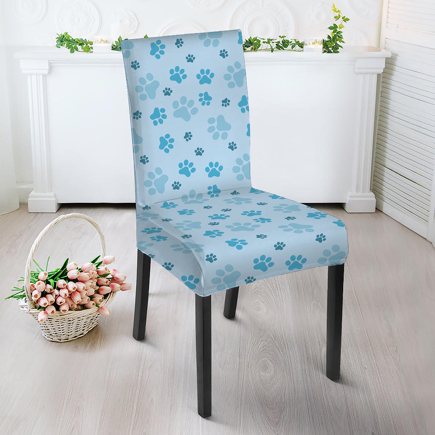 Blue Animal Paw Pattern Print Dining Chair Slipcover
