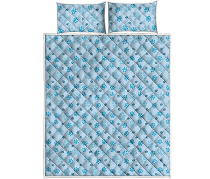 Blue Animal Paw Pattern Print Quilt Bed Set
