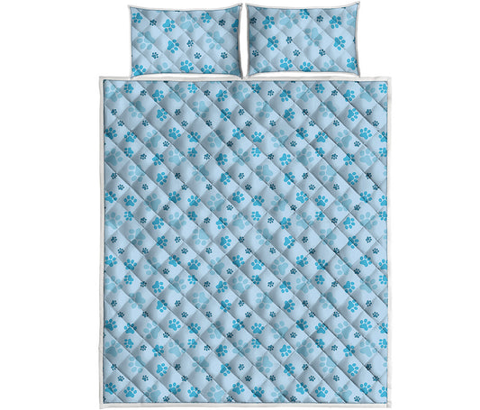 Blue Animal Paw Pattern Print Quilt Bed Set