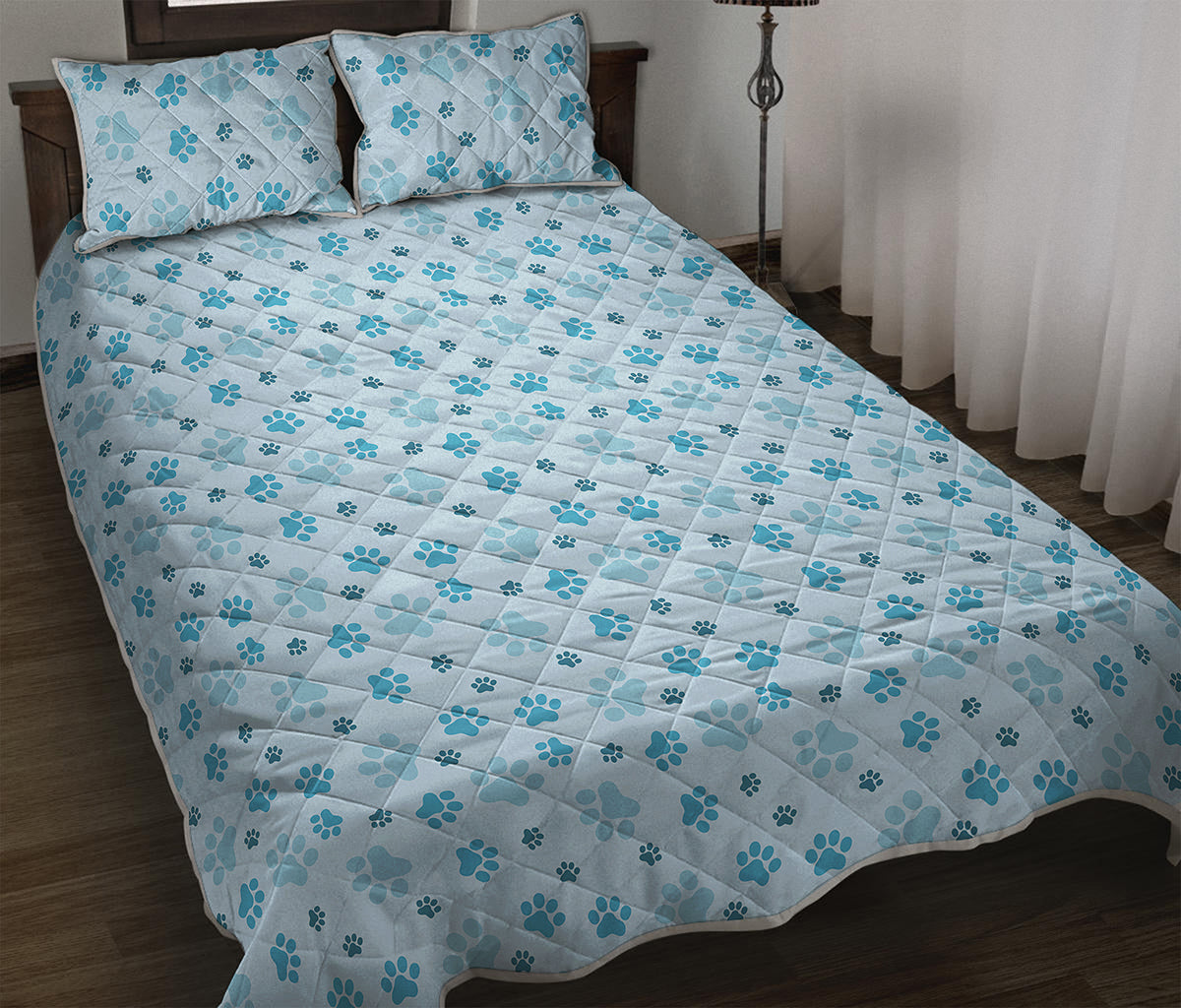 Blue Animal Paw Pattern Print Quilt Bed Set