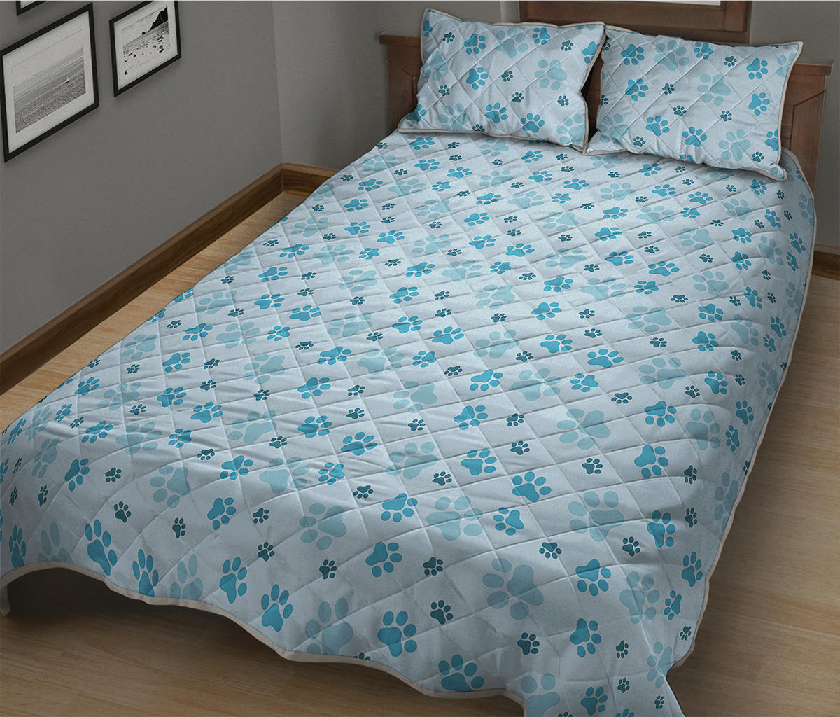 Blue Animal Paw Pattern Print Quilt Bed Set