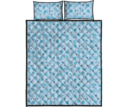 Blue Animal Paw Pattern Print Quilt Bed Set