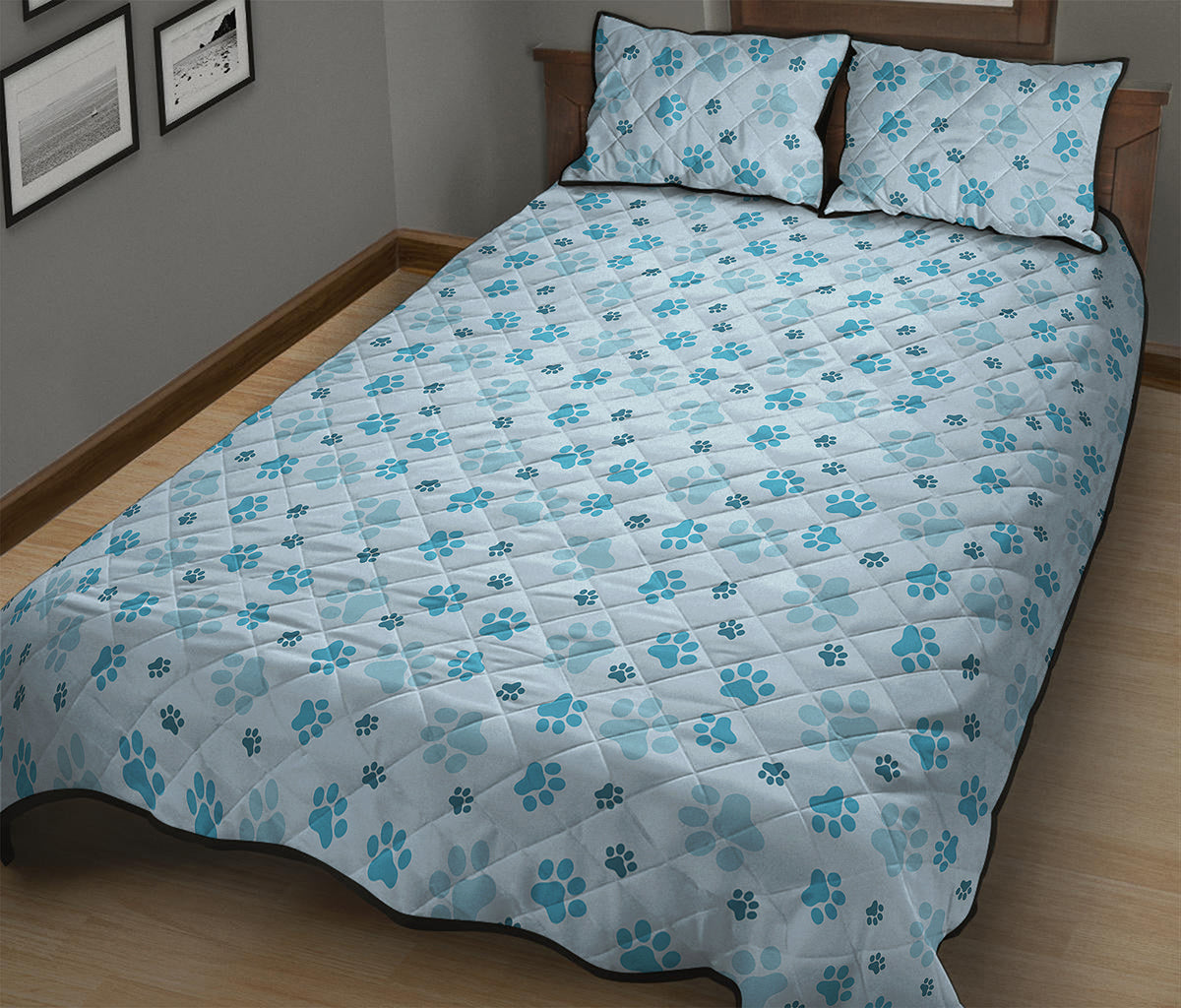 Blue Animal Paw Pattern Print Quilt Bed Set