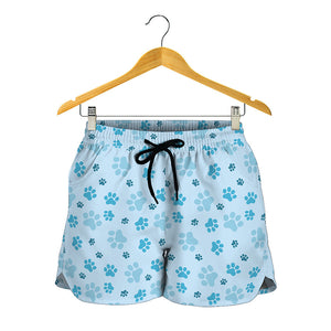 Blue Animal Paw Pattern Print Women's Shorts