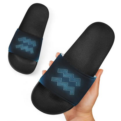 Blue Aquarius Zodiac Sign Print Black Slide Sandals