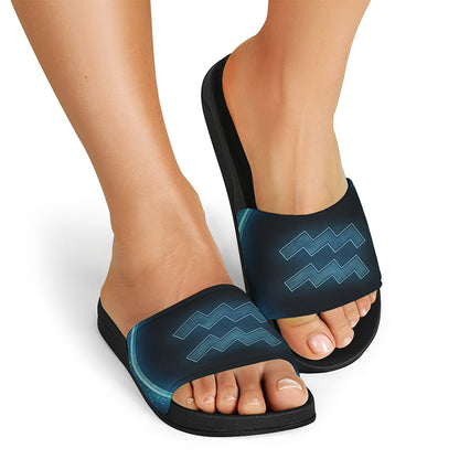 Blue Aquarius Zodiac Sign Print Black Slide Sandals