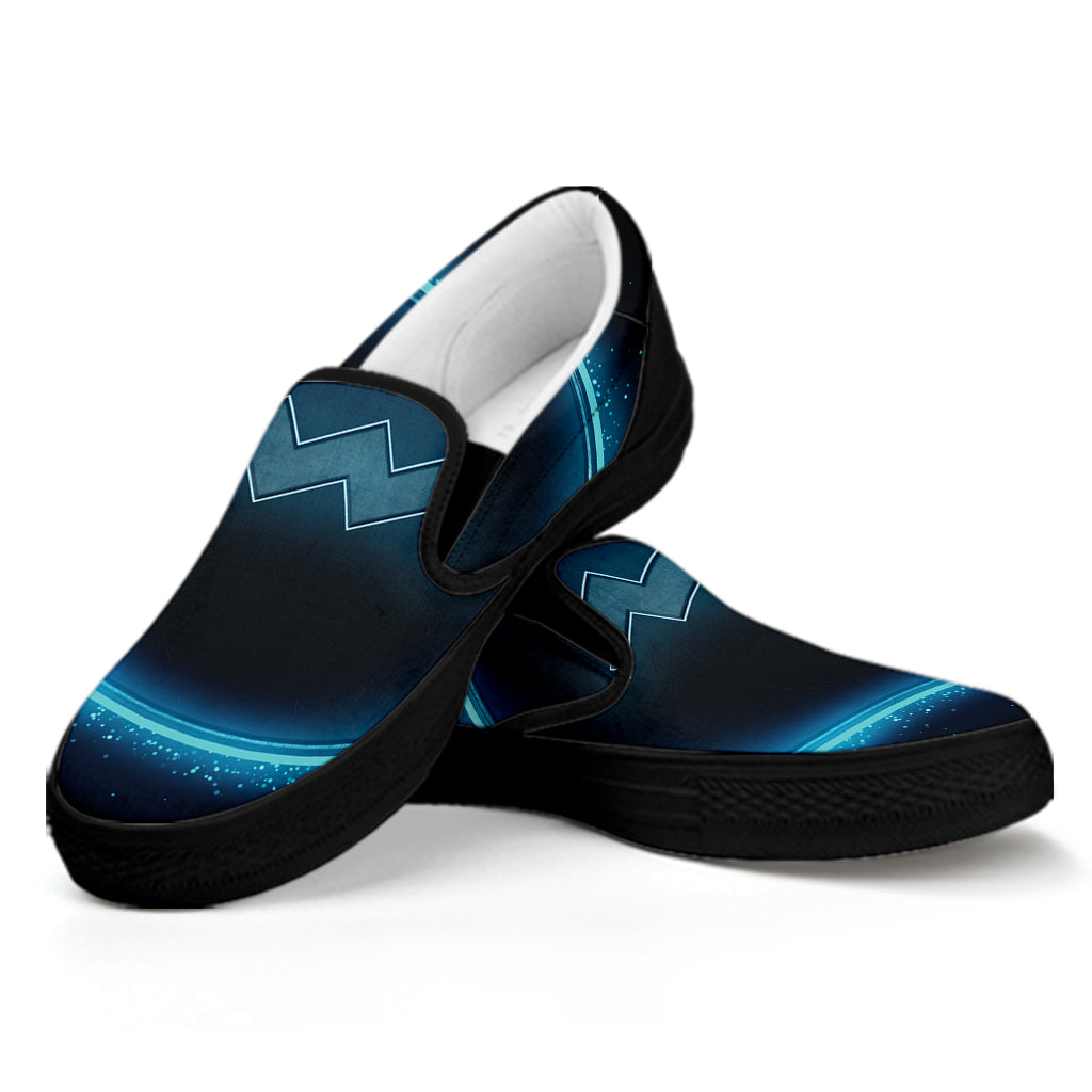 Blue Aquarius Zodiac Sign Print Black Slip On Shoes