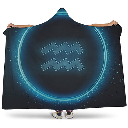 Blue Aquarius Zodiac Sign Print Hooded Blanket