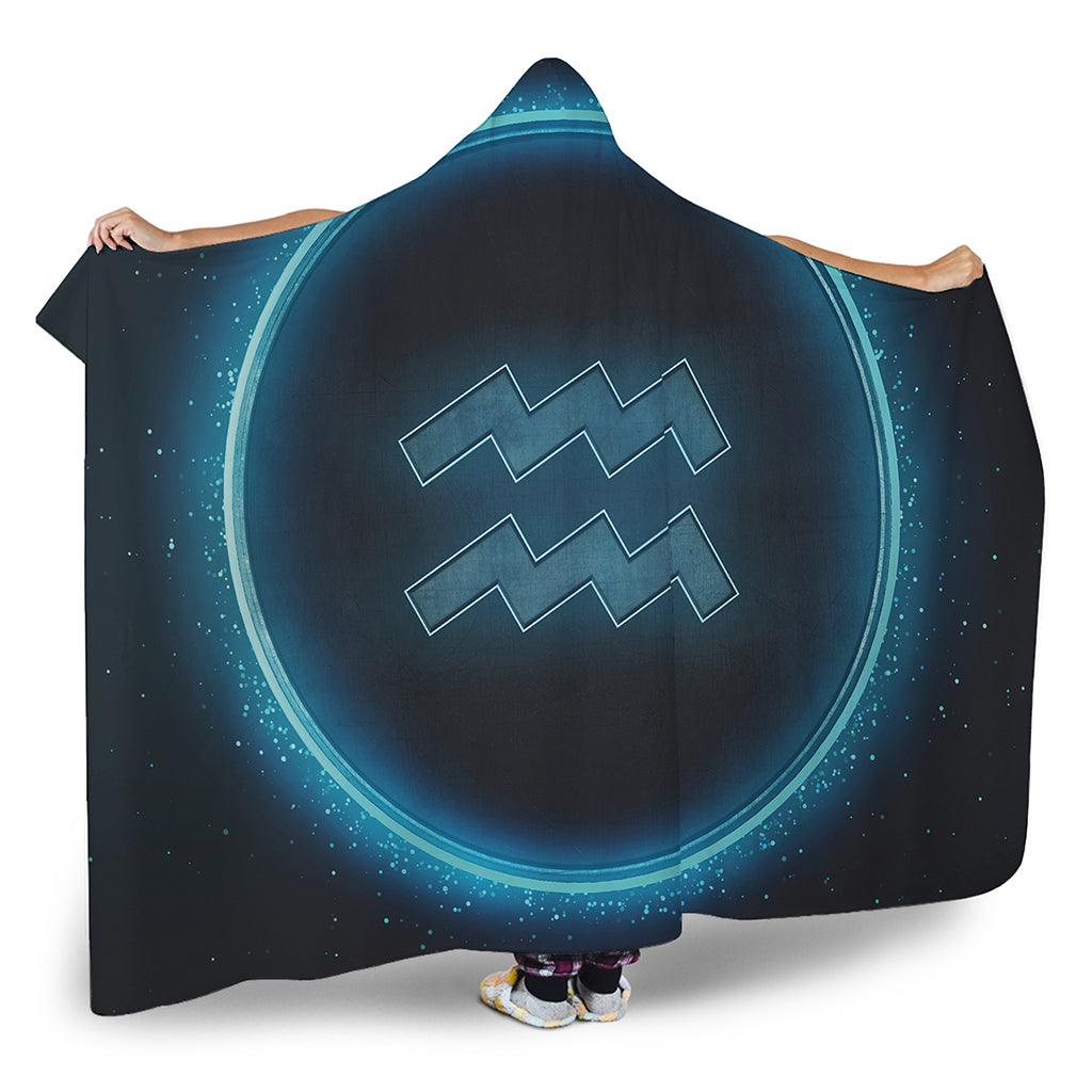 Blue Aquarius Zodiac Sign Print Hooded Blanket