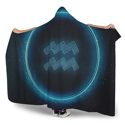 Blue Aquarius Zodiac Sign Print Hooded Blanket