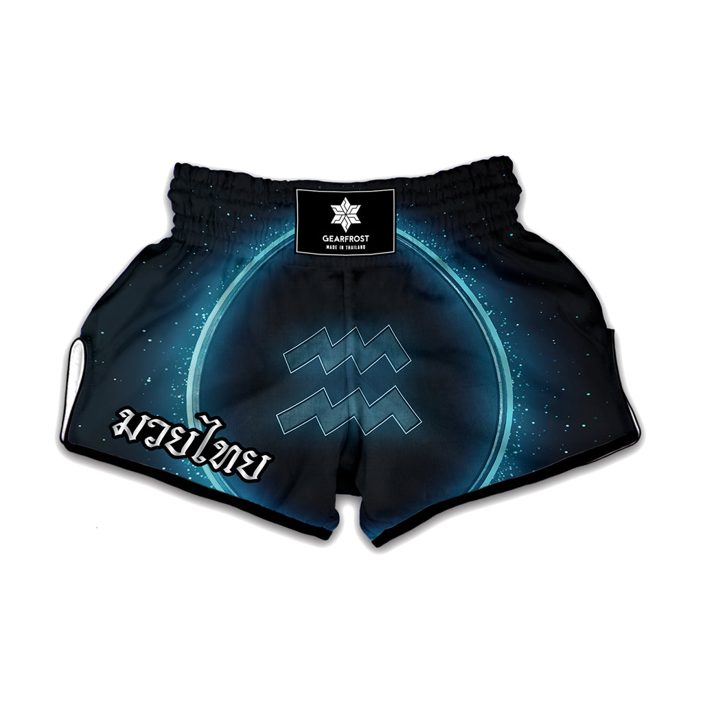 Blue Aquarius Zodiac Sign Print Muay Thai Boxing Shorts