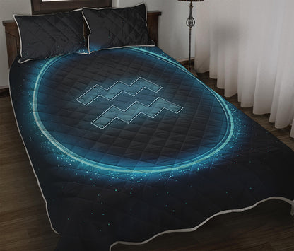 Blue Aquarius Zodiac Sign Print Quilt Bed Set