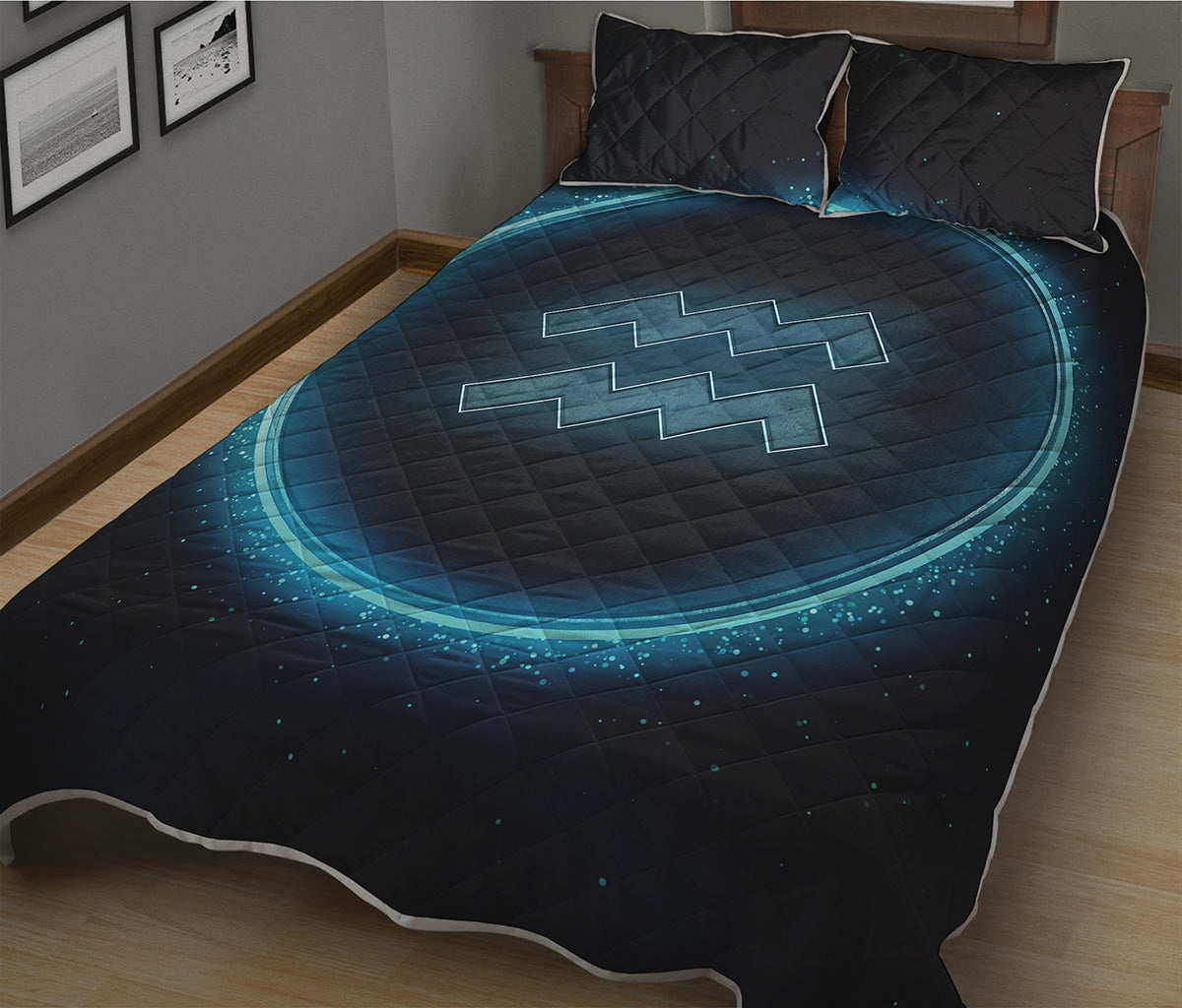 Blue Aquarius Zodiac Sign Print Quilt Bed Set