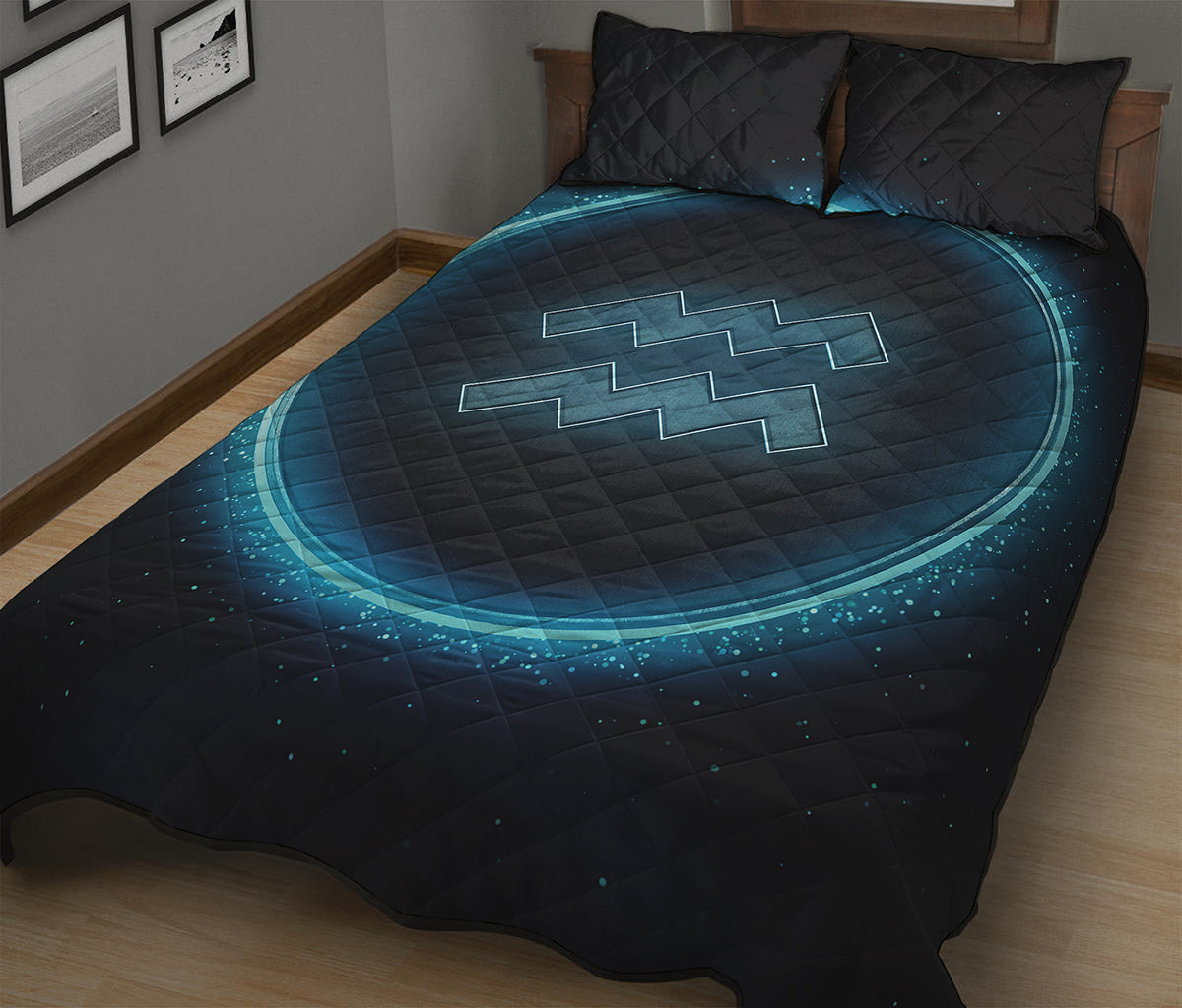 Blue Aquarius Zodiac Sign Print Quilt Bed Set