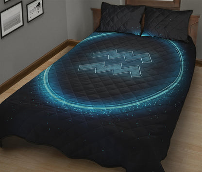 Blue Aquarius Zodiac Sign Print Quilt Bed Set