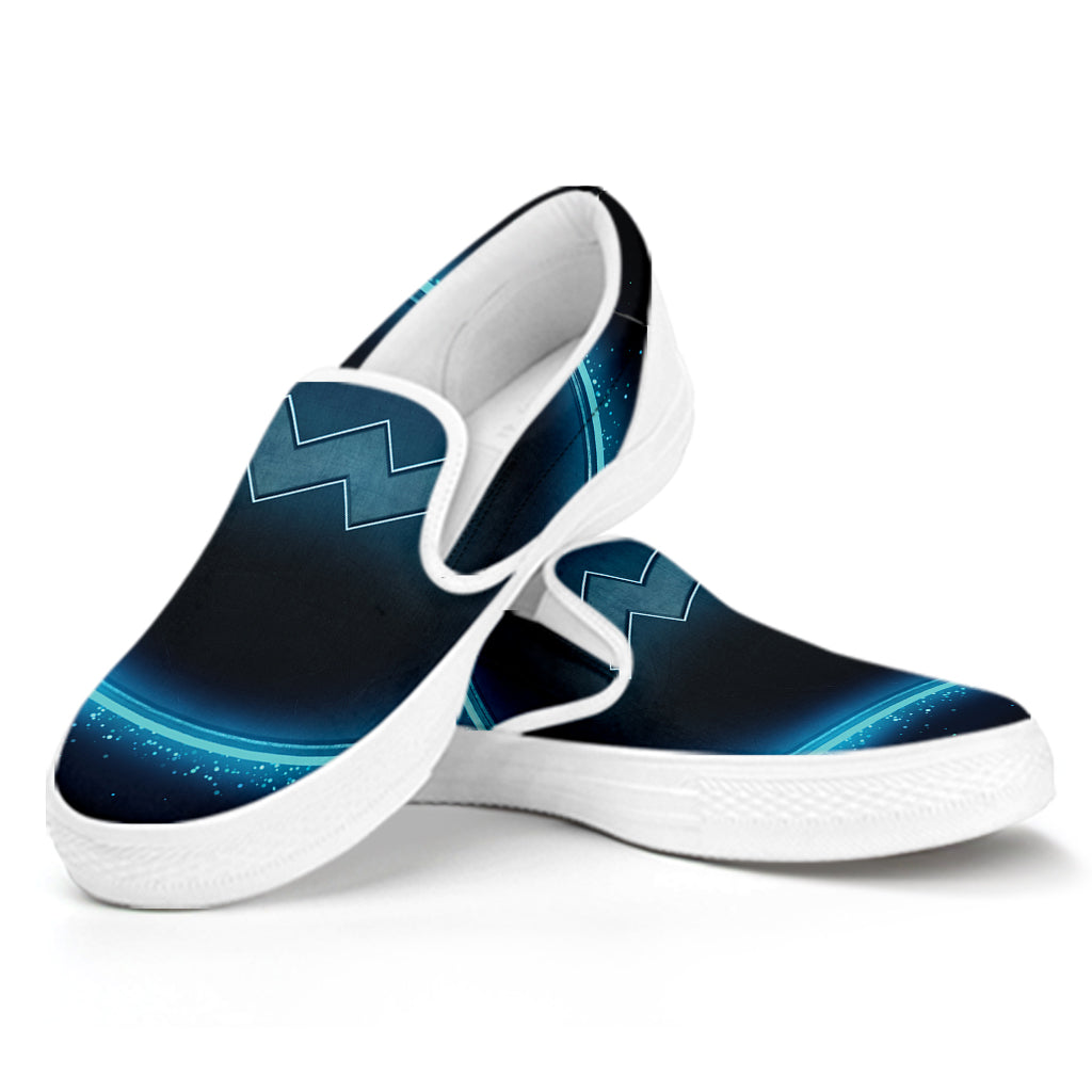 Blue Aquarius Zodiac Sign Print White Slip On Shoes