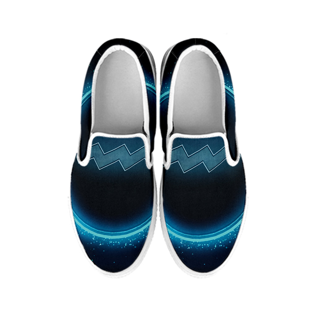 Blue Aquarius Zodiac Sign Print White Slip On Shoes
