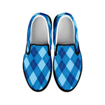 Blue Argyle Pattern Print Black Slip On Shoes