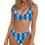 Blue Argyle Pattern Print Front Bow Tie Bikini