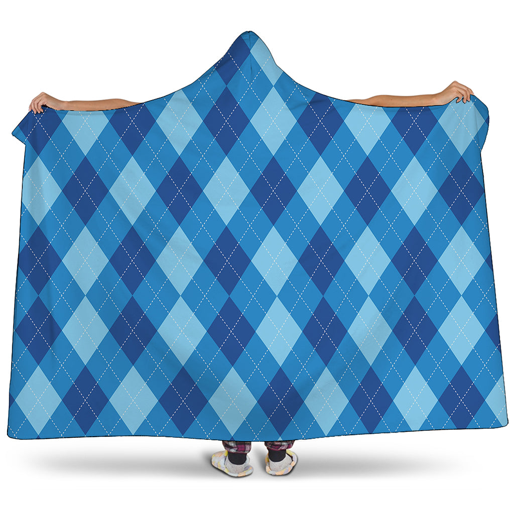 Blue Argyle Pattern Print Hooded Blanket