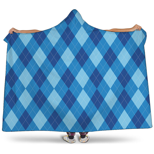 Blue Argyle Pattern Print Hooded Blanket