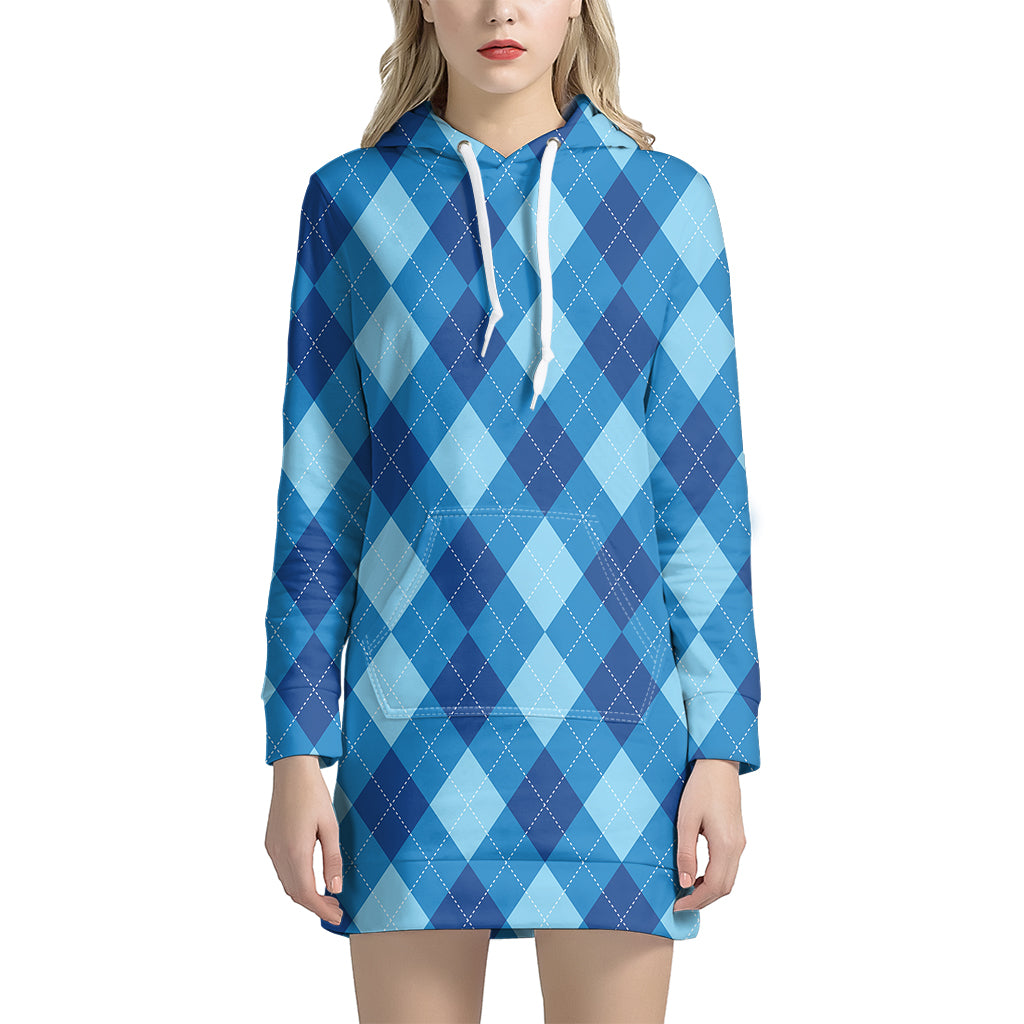 Blue Argyle Pattern Print Hoodie Dress