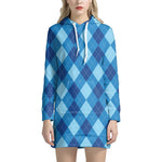 Blue Argyle Pattern Print Hoodie Dress