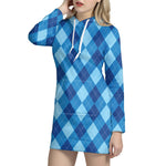 Blue Argyle Pattern Print Hoodie Dress