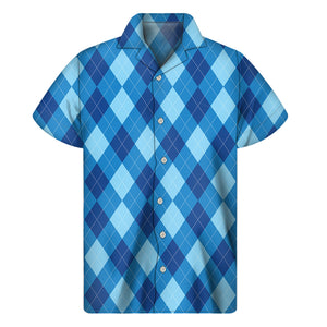 Blue Argyle Pattern Print Men's Short Sleeve Shirt