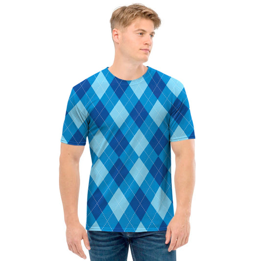 Blue Argyle Pattern Print Men's T-Shirt