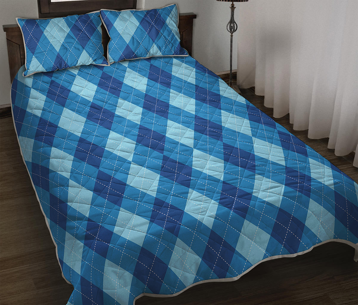Blue Argyle Pattern Print Quilt Bed Set