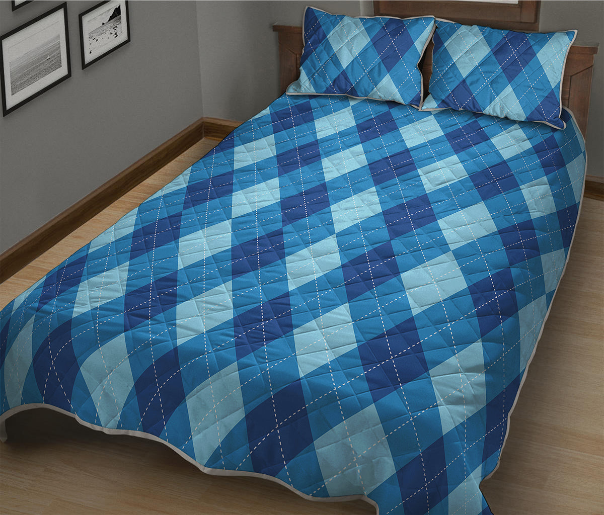 Blue Argyle Pattern Print Quilt Bed Set