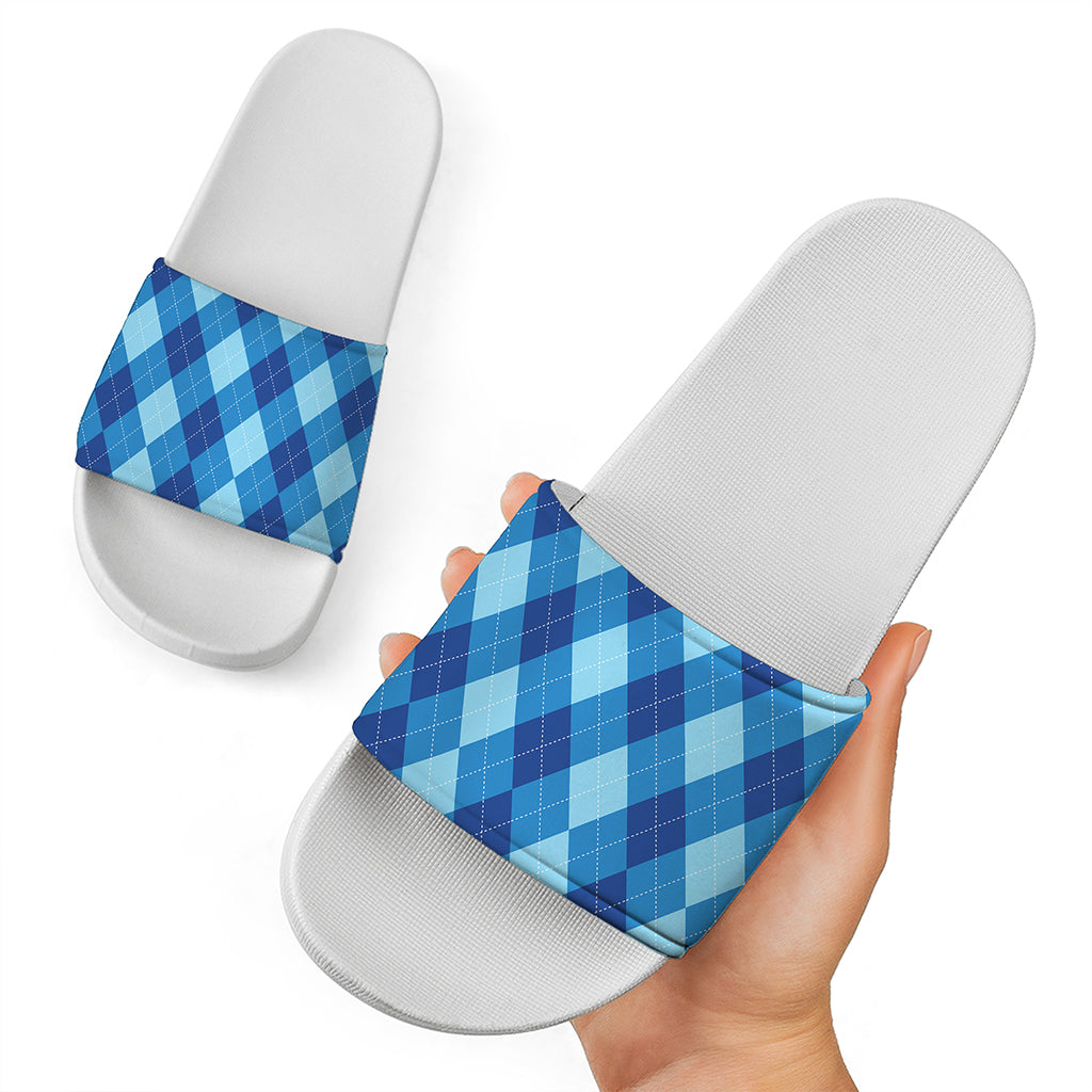 Blue Argyle Pattern Print White Slide Sandals