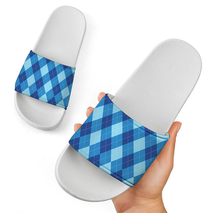 Blue Argyle Pattern Print White Slide Sandals