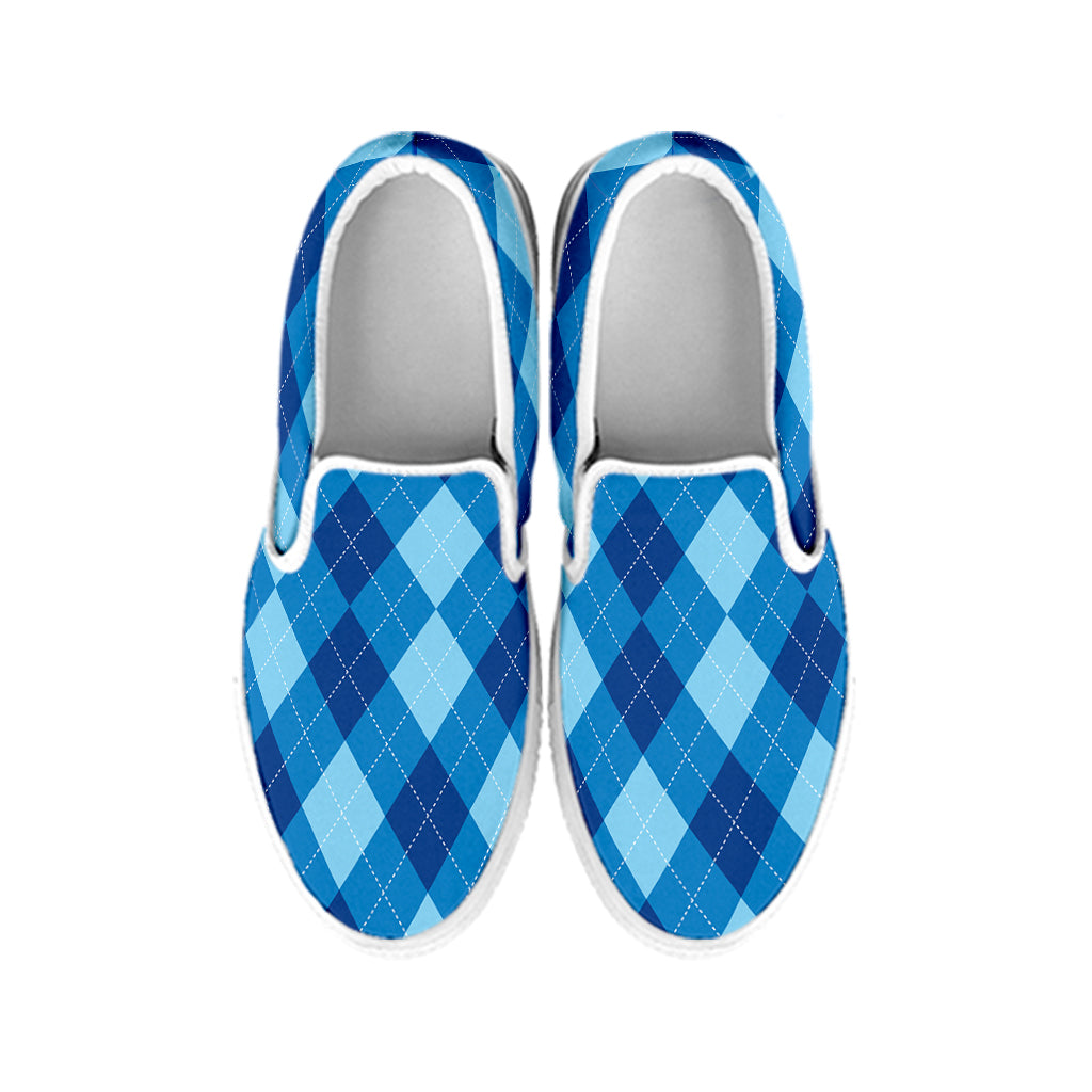 Blue Argyle Pattern Print White Slip On Shoes