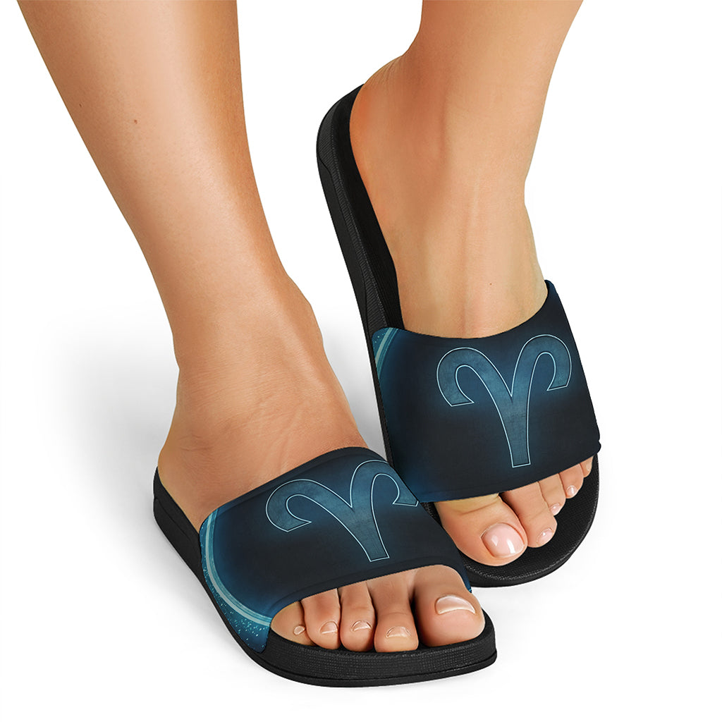 Blue Aries Zodiac Sign Print Black Slide Sandals