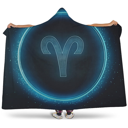 Blue Aries Zodiac Sign Print Hooded Blanket