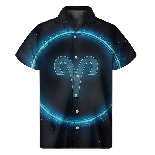 Blue Aries Zodiac Sign Print Men's Short Sleeve Shirt