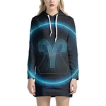 Blue Aries Zodiac Sign Print Pullover Hoodie Dress