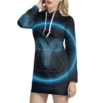 Blue Aries Zodiac Sign Print Pullover Hoodie Dress