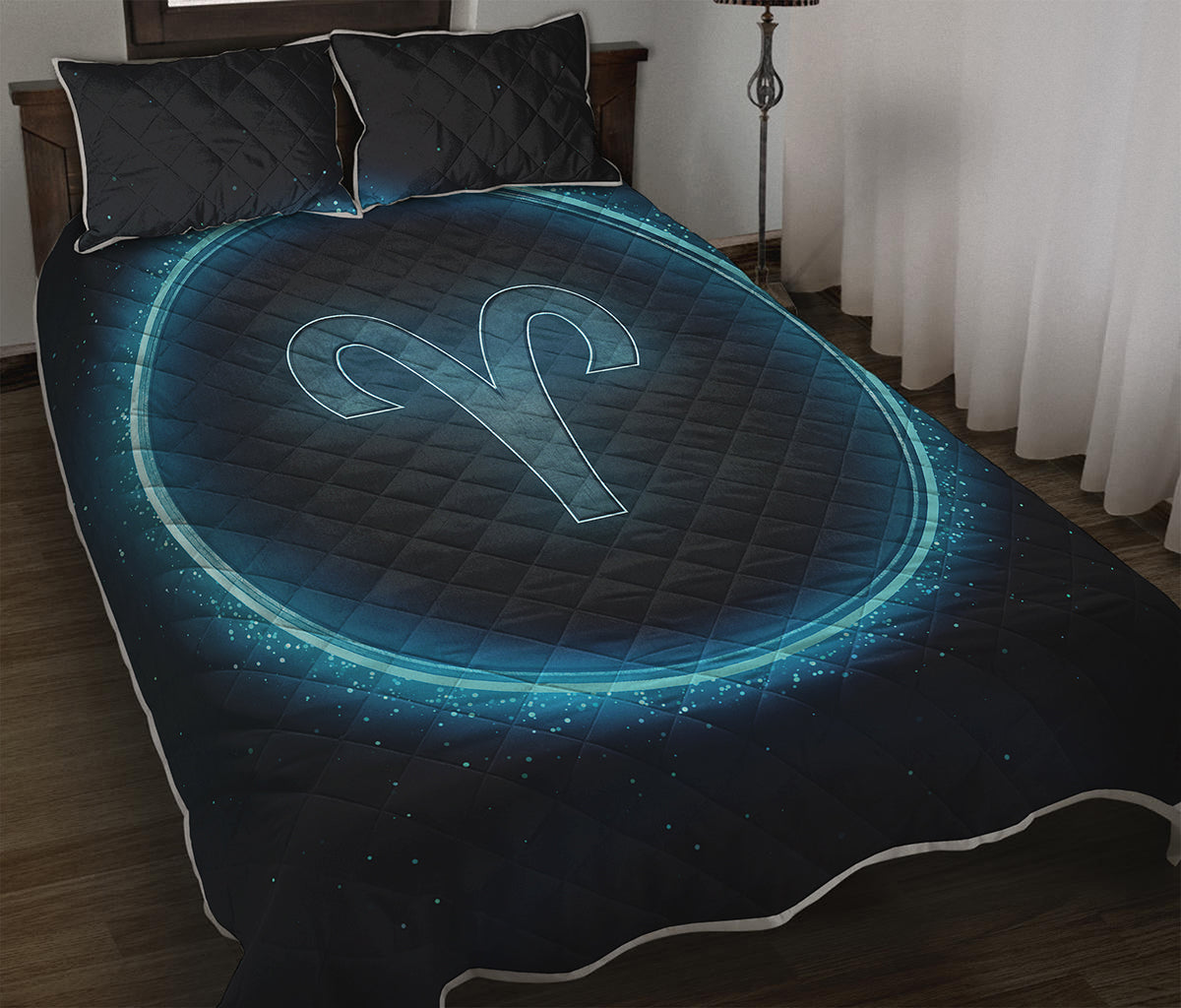 Blue Aries Zodiac Sign Print Quilt Bed Set