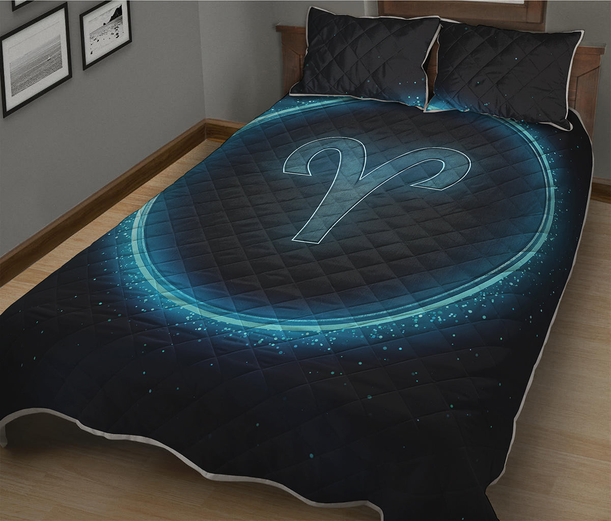 Blue Aries Zodiac Sign Print Quilt Bed Set